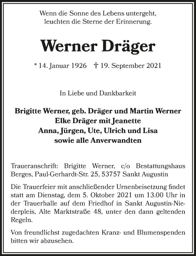  Traueranzeige für Werner Dräger vom 24.09.2021 aus  Extra Blatt 