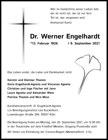Anzeige von Werner Engelhardt von Kölner Stadt-Anzeiger / Kölnische Rundschau / Express