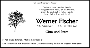 Anzeige von Werner Fischer von Kölner Stadt-Anzeiger / Kölnische Rundschau / Express