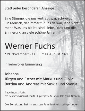 Anzeige von Werner Fuchs von  Kölner Wochenspiegel 