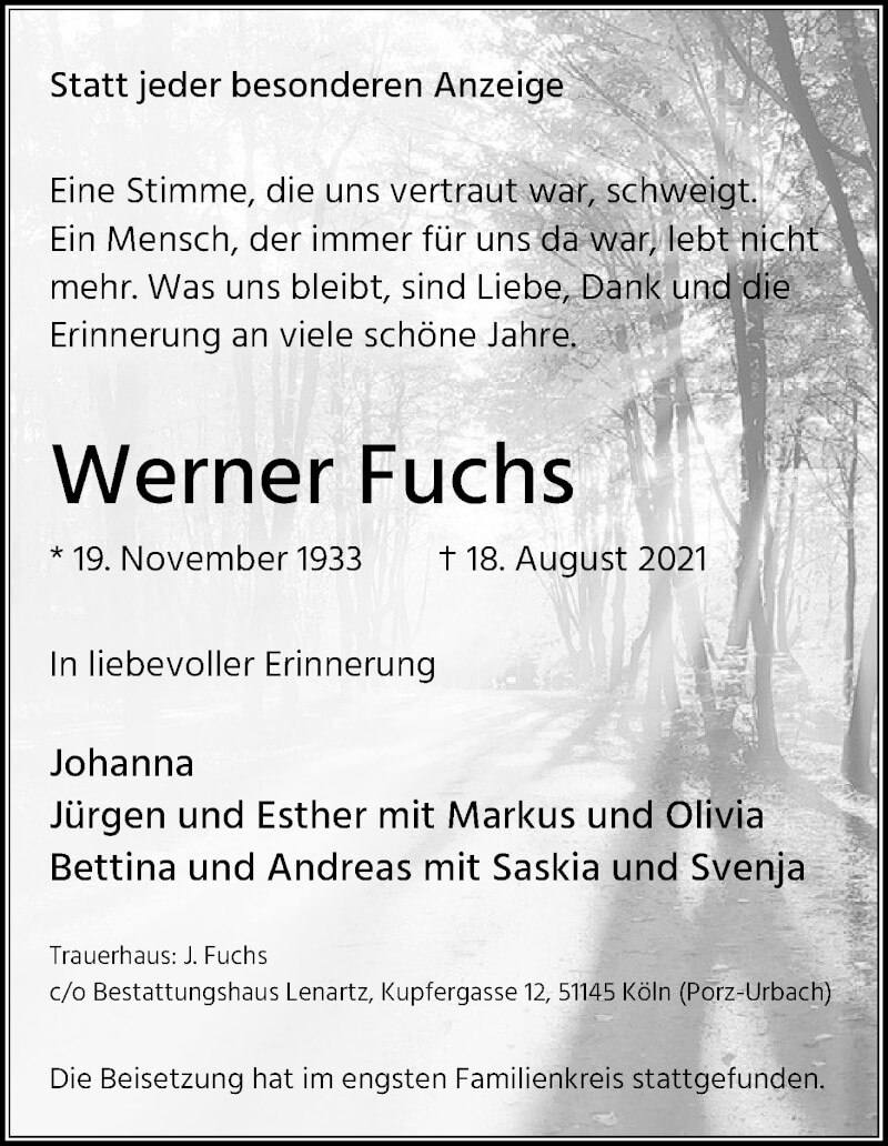  Traueranzeige für Werner Fuchs vom 25.09.2021 aus Kölner Stadt-Anzeiger / Kölnische Rundschau / Express