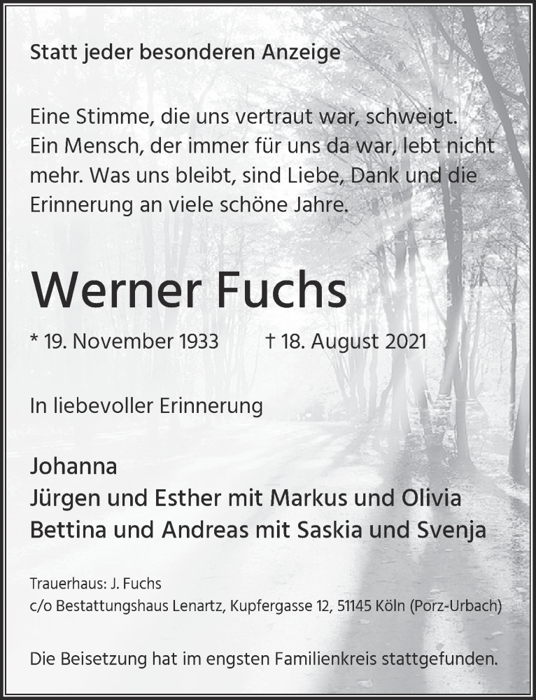  Traueranzeige für Werner Fuchs vom 24.09.2021 aus  Kölner Wochenspiegel 