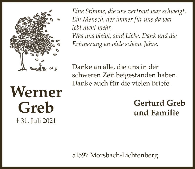  Traueranzeige für Werner Greb vom 10.09.2021 aus  Lokalanzeiger 