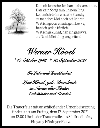 Anzeige von Werner Hövel von Kölner Stadt-Anzeiger / Kölnische Rundschau / Express