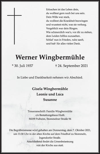Anzeige von Werner Wingbermühle von  Wochenende 