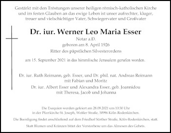 Anzeige von Werner LeoMaria Esser von Kölner Stadt-Anzeiger / Kölnische Rundschau / Express