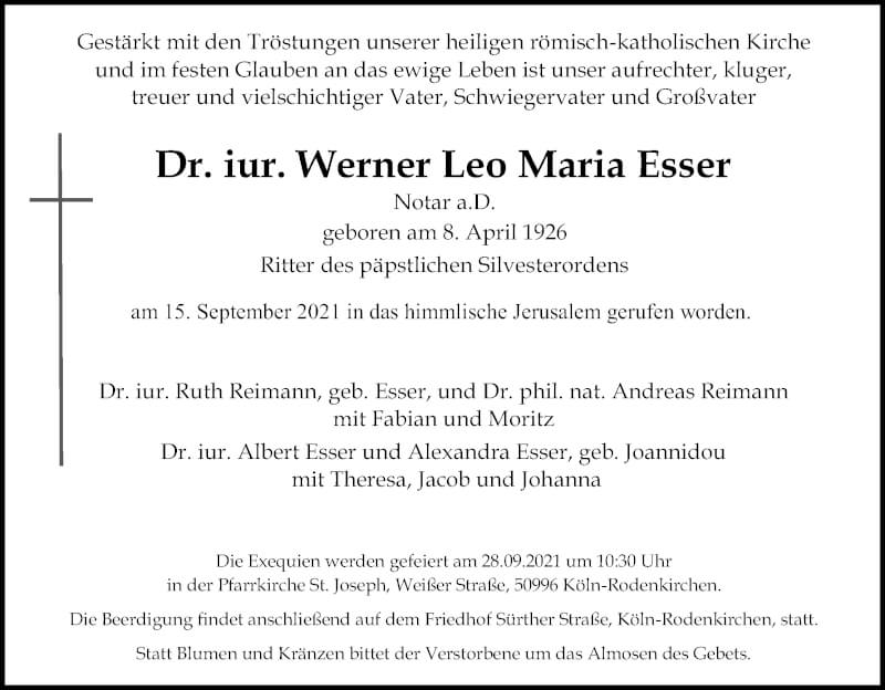  Traueranzeige für Werner LeoMaria Esser vom 18.09.2021 aus Kölner Stadt-Anzeiger / Kölnische Rundschau / Express
