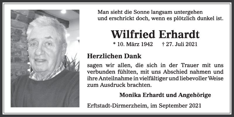  Traueranzeige für Wilfried Erhardt vom 10.09.2021 aus  Werbepost 