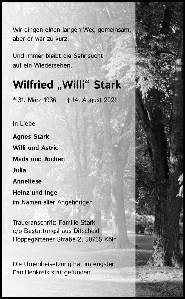  Traueranzeige für Wilfried  Stark vom 11.09.2021 aus Kölner Stadt-Anzeiger / Kölnische Rundschau / Express