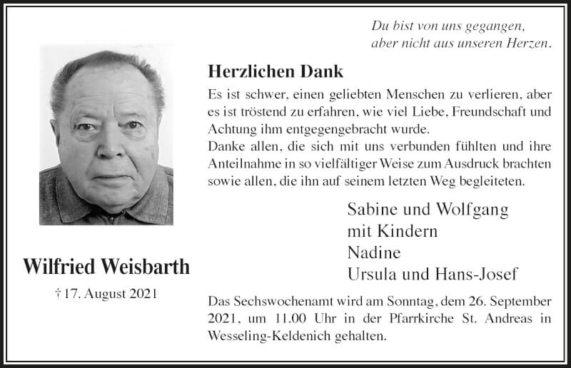  Traueranzeige für Wilfried Weisbarth vom 17.09.2021 aus  Schlossbote/Werbekurier 