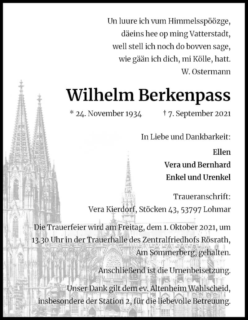  Traueranzeige für Wilhelm Berkenpass vom 25.09.2021 aus Kölner Stadt-Anzeiger / Kölnische Rundschau / Express