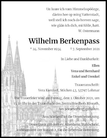 Anzeige von Wilhelm Berkenpass von Kölner Stadt-Anzeiger / Kölnische Rundschau / Express