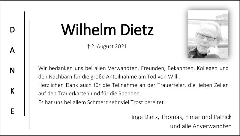  Traueranzeige für Wilhelm Dietz vom 11.09.2021 aus Kölner Stadt-Anzeiger / Kölnische Rundschau / Express