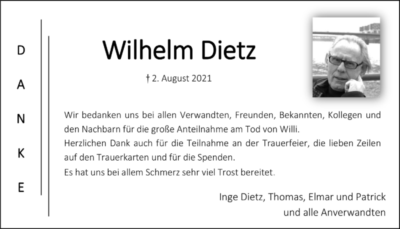  Traueranzeige für Wilhelm Dietz vom 10.09.2021 aus  Bergisches Handelsblatt 