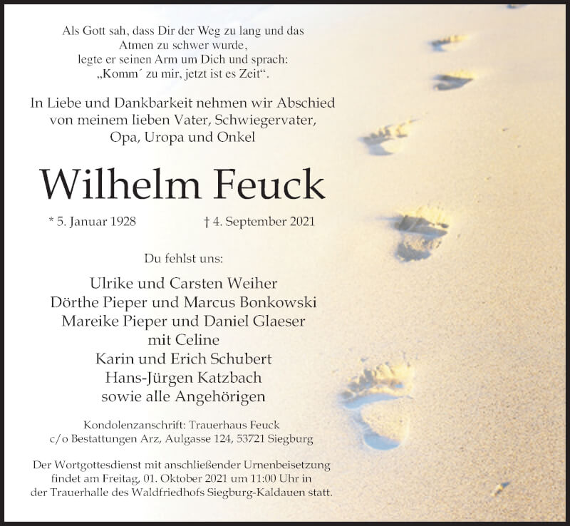  Traueranzeige für Wilhelm Feuck vom 25.09.2021 aus Kölner Stadt-Anzeiger / Kölnische Rundschau / Express