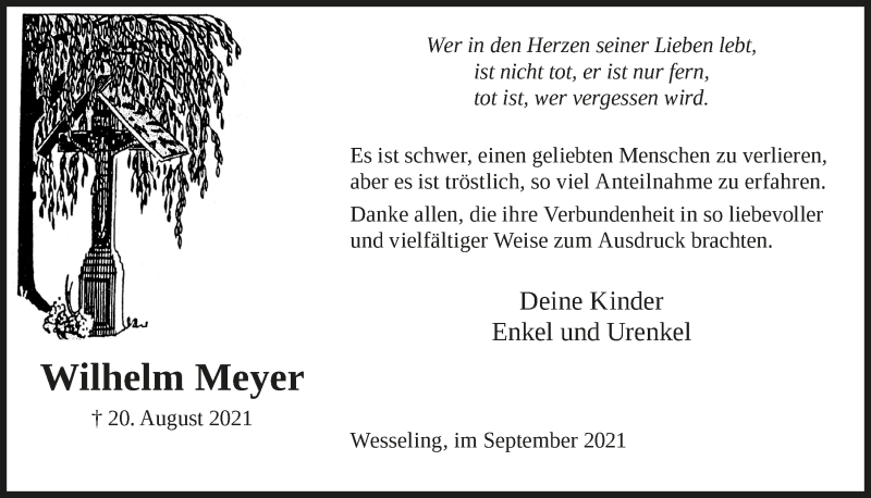  Traueranzeige für Wilhelm Meyer vom 10.09.2021 aus  Schlossbote/Werbekurier 