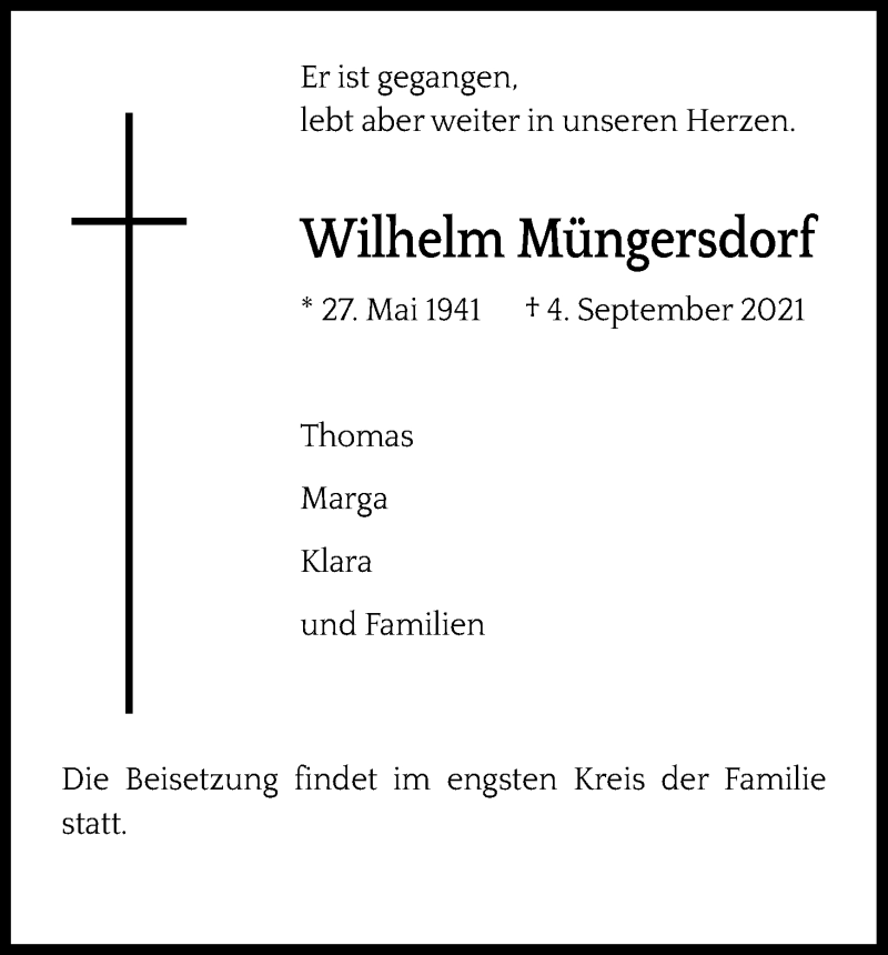  Traueranzeige für Wilhelm Müngersdorf vom 11.09.2021 aus Kölner Stadt-Anzeiger / Kölnische Rundschau / Express