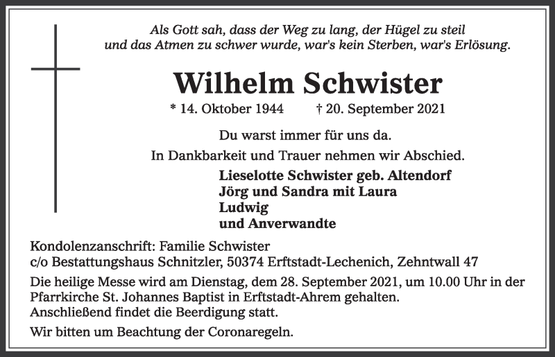  Traueranzeige für Wilhelm Schwister vom 24.09.2021 aus  Werbepost 