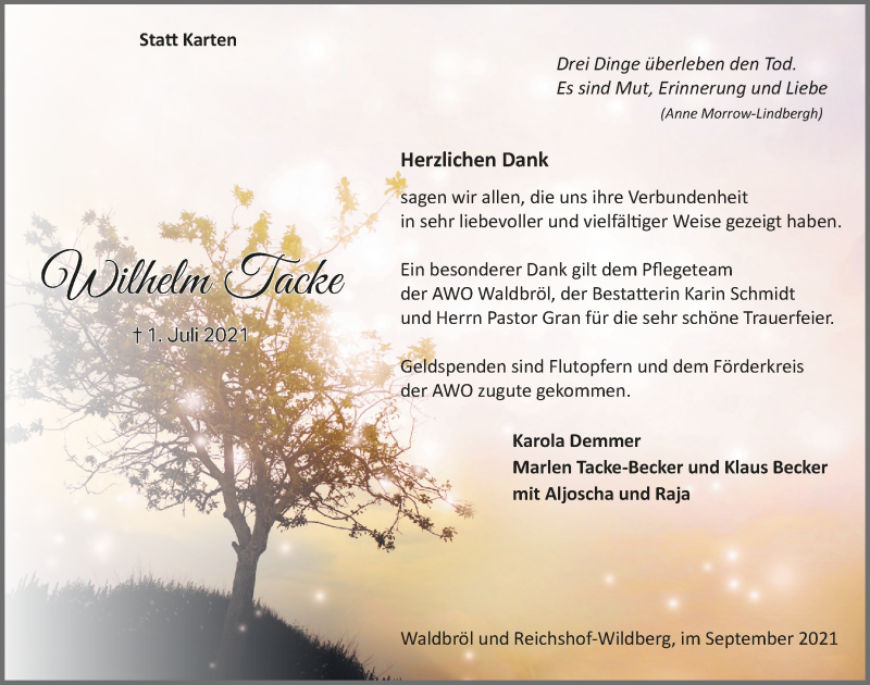  Traueranzeige für Wilhelm Tacke vom 10.09.2021 aus  Lokalanzeiger 