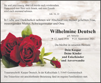 Anzeige von Wilhelmine Deutsch von  Anzeigen Echo 