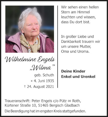 Anzeige von Wilhelmine Engels von  Bergisches Handelsblatt 