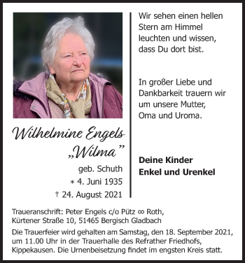 Anzeige von Wilhelmine Engels von Kölner Stadt-Anzeiger / Kölnische Rundschau / Express