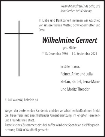 Anzeige von Wilhelmine Gernert von  Lokalanzeiger 