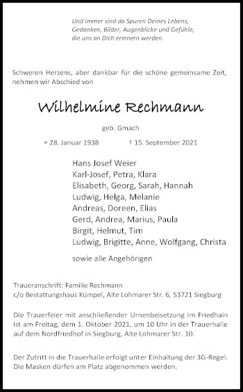 Anzeige von Wilhelmine Rechmann von Kölner Stadt-Anzeiger / Kölnische Rundschau / Express