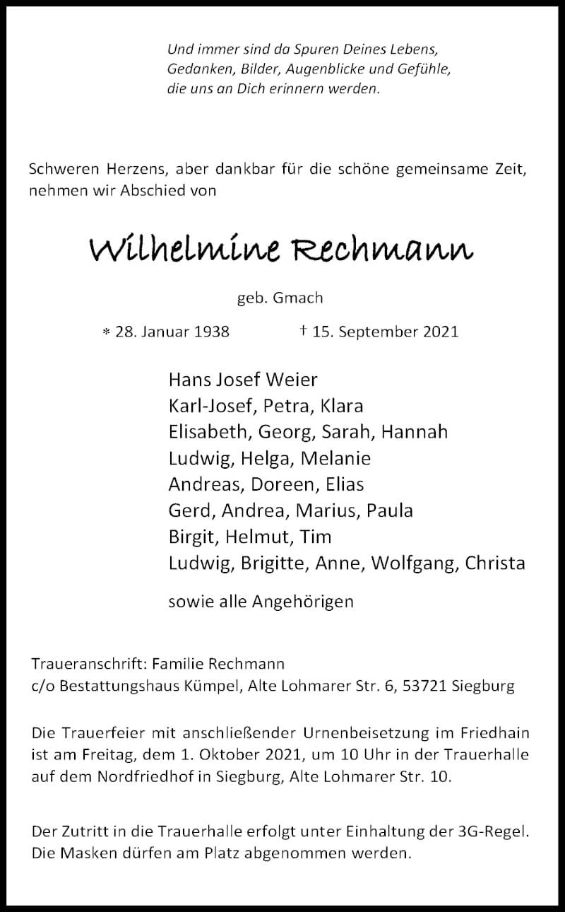  Traueranzeige für Wilhelmine Rechmann vom 25.09.2021 aus Kölner Stadt-Anzeiger / Kölnische Rundschau / Express