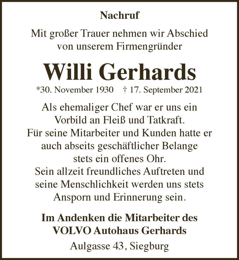  Traueranzeige für Willi Gerhards vom 24.09.2021 aus  Extra Blatt 