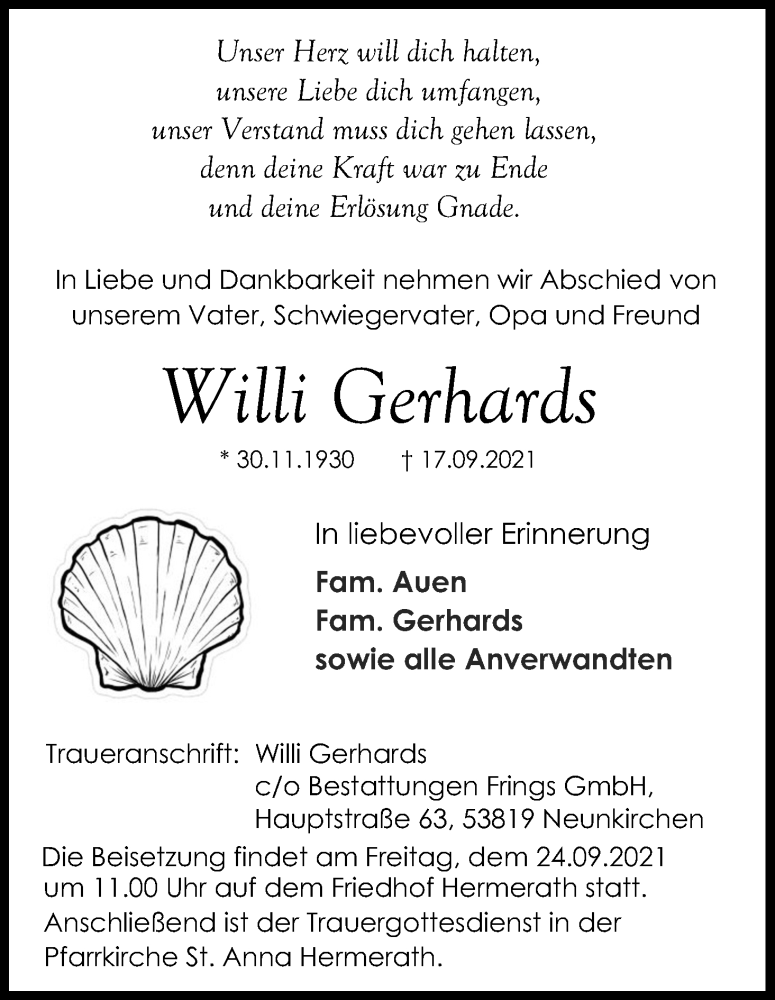  Traueranzeige für Willi Gerhards vom 22.09.2021 aus Kölner Stadt-Anzeiger / Kölnische Rundschau / Express