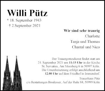Anzeige von Willi Pütz von  Kölner Wochenspiegel 
