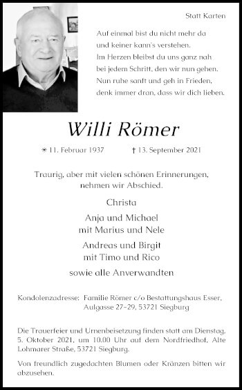 Anzeige von Willi Römer von Kölner Stadt-Anzeiger / Kölnische Rundschau / Express