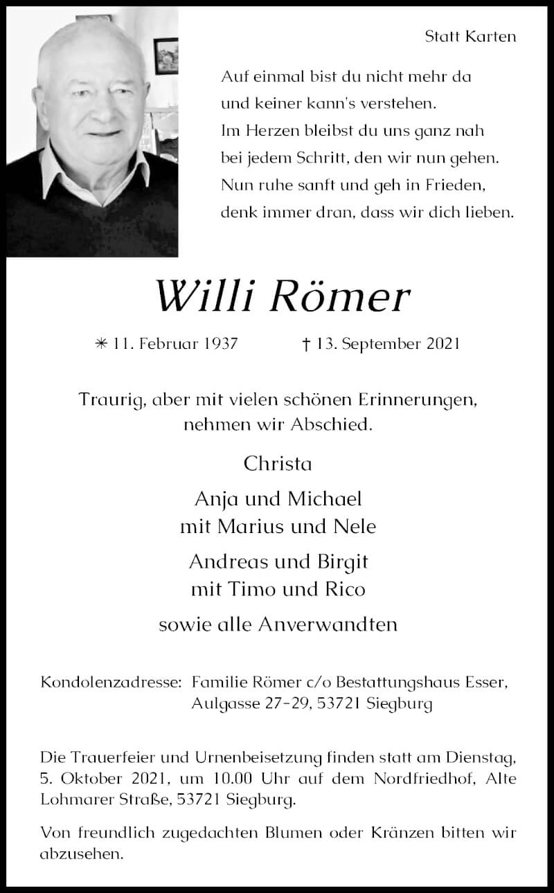  Traueranzeige für Willi Römer vom 25.09.2021 aus Kölner Stadt-Anzeiger / Kölnische Rundschau / Express