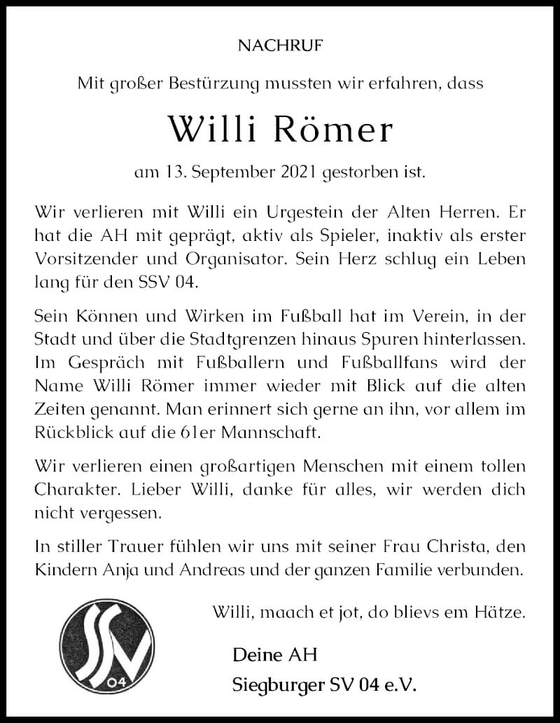  Traueranzeige für Willi Römer vom 25.09.2021 aus Kölner Stadt-Anzeiger / Kölnische Rundschau / Express