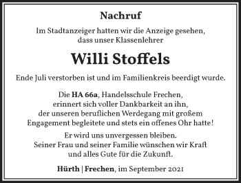 Anzeige von Willi Stoffels von  Wochenende 