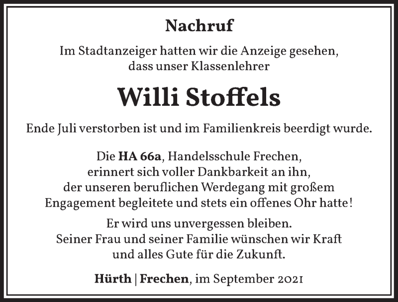  Traueranzeige für Willi Stoffels vom 10.09.2021 aus  Wochenende 