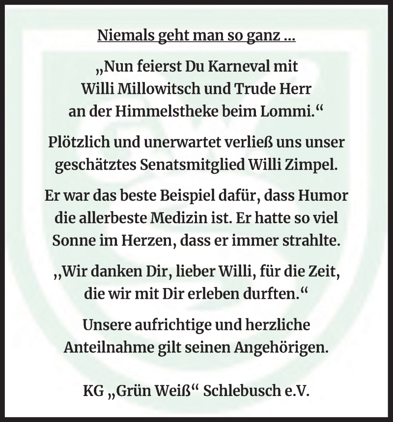  Traueranzeige für Willi Zimpel vom 22.09.2021 aus Kölner Stadt-Anzeiger / Kölnische Rundschau / Express