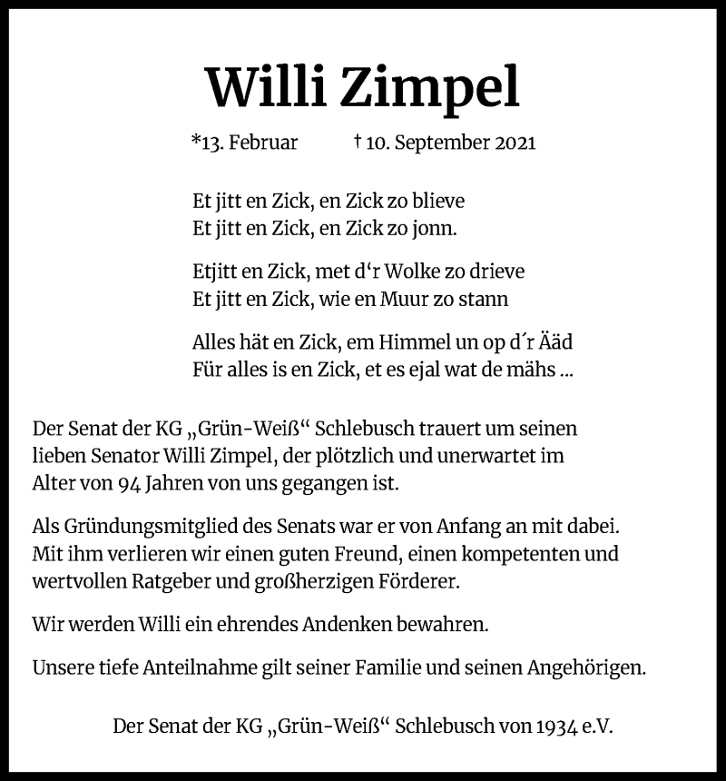  Traueranzeige für Willi Zimpel vom 22.09.2021 aus Kölner Stadt-Anzeiger / Kölnische Rundschau / Express