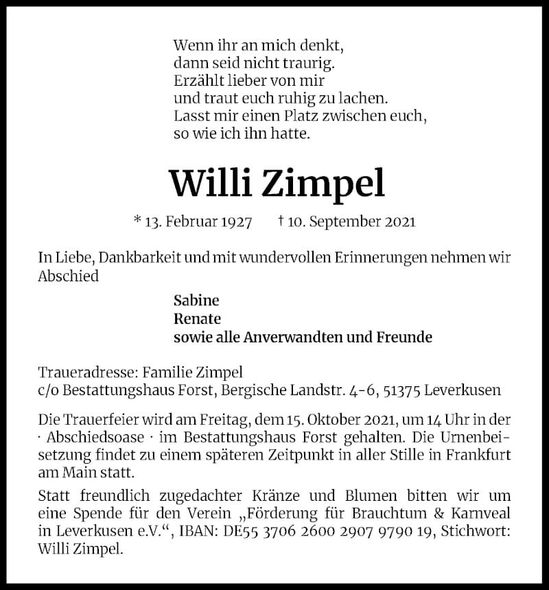  Traueranzeige für Willi Zimpel vom 18.09.2021 aus Kölner Stadt-Anzeiger / Kölnische Rundschau / Express