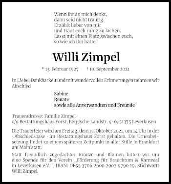 Anzeige von Willi Zimpel von Kölner Stadt-Anzeiger / Kölnische Rundschau / Express