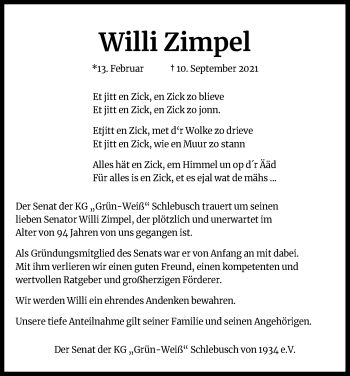 Anzeige von Willi Zimpel von Kölner Stadt-Anzeiger / Kölnische Rundschau / Express