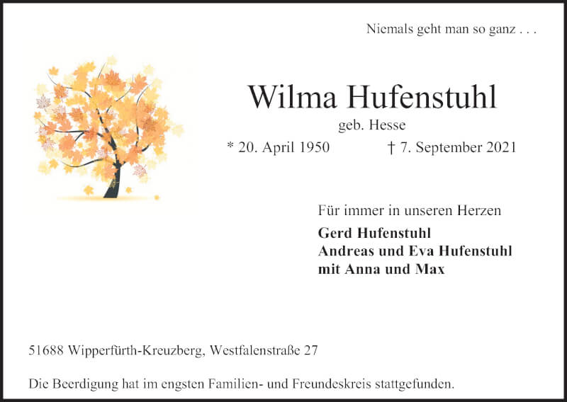  Traueranzeige für Wilma Hufenstuhl vom 18.09.2021 aus Kölner Stadt-Anzeiger / Kölnische Rundschau / Express