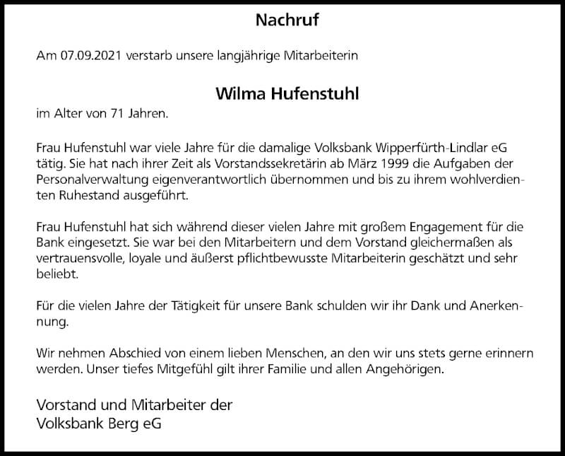  Traueranzeige für Wilma Hufenstuhl vom 25.09.2021 aus Kölner Stadt-Anzeiger / Kölnische Rundschau / Express