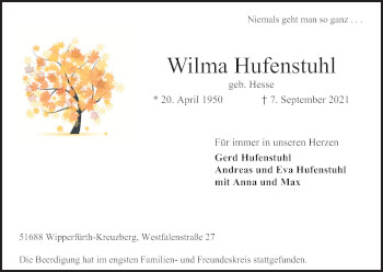 Anzeige von Wilma Hufenstuhl von Kölner Stadt-Anzeiger / Kölnische Rundschau / Express