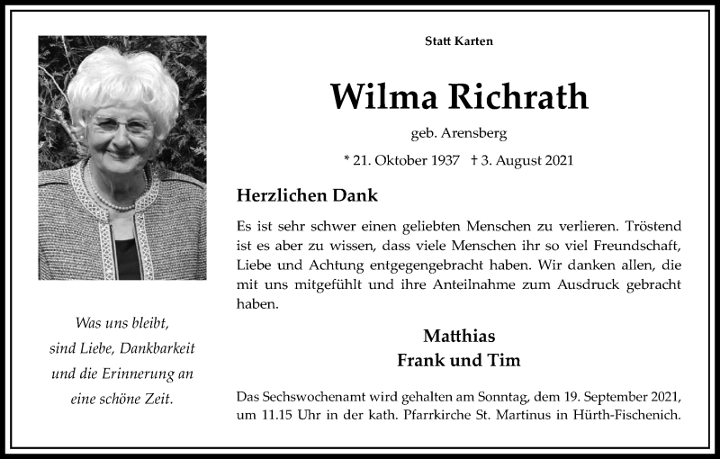  Traueranzeige für Wilma Richrath vom 11.09.2021 aus Kölner Stadt-Anzeiger / Kölnische Rundschau / Express