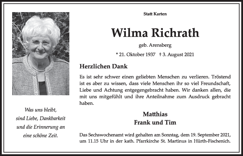  Traueranzeige für Wilma Richrath vom 10.09.2021 aus  Wochenende 