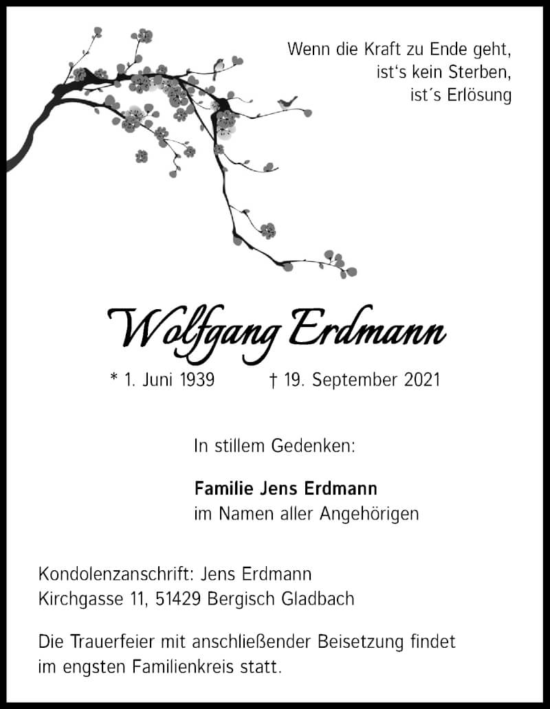  Traueranzeige für Wolfgang Erdmann vom 25.09.2021 aus Kölner Stadt-Anzeiger / Kölnische Rundschau / Express