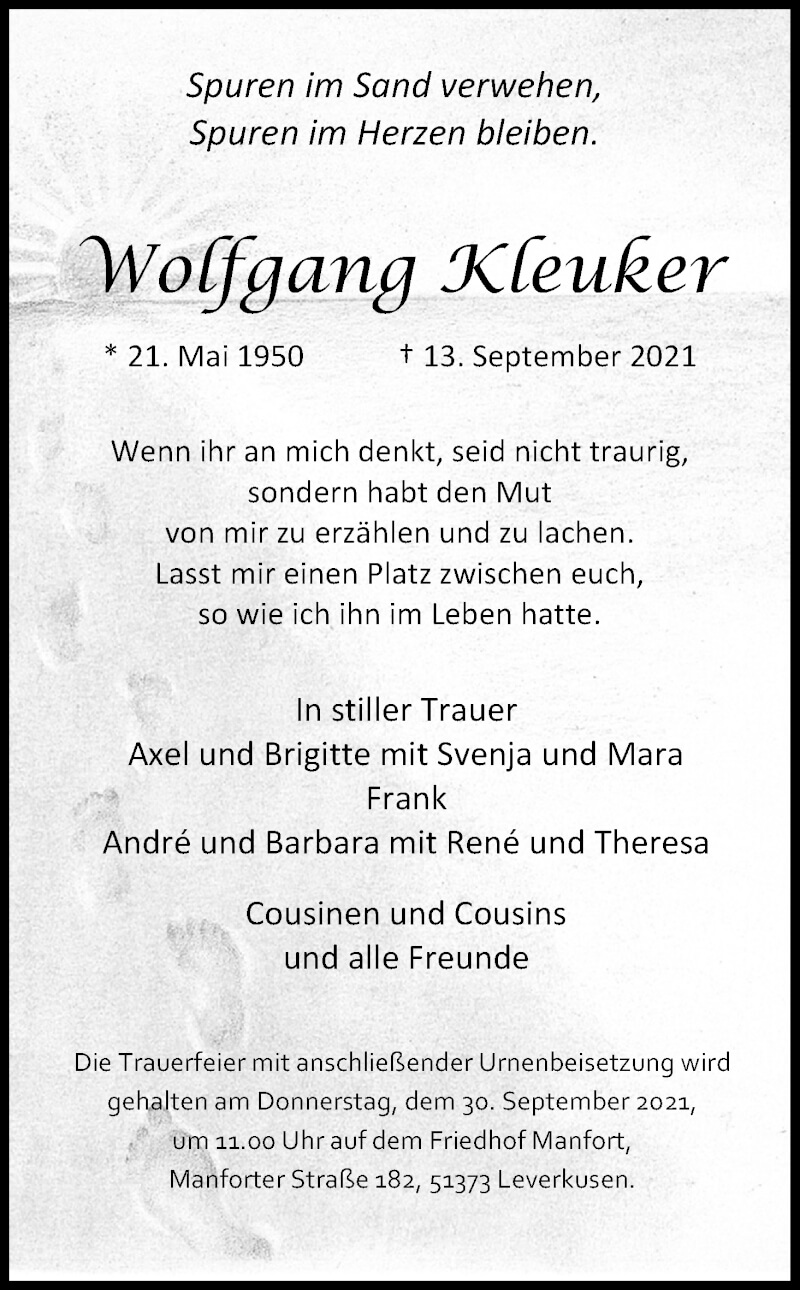  Traueranzeige für Wolfgang Kleuker vom 25.09.2021 aus Kölner Stadt-Anzeiger / Kölnische Rundschau / Express