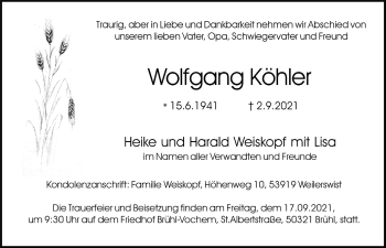 Anzeige von Wolfgang Köhler von  Schlossbote/Werbekurier 